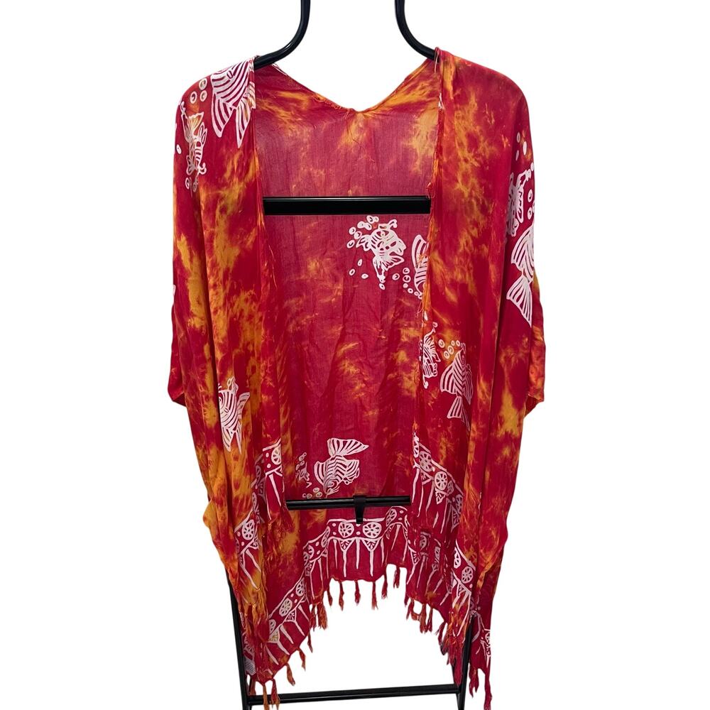 Wayan Batik Tie Dye Kimono Cardigan Boho Beach Cover Up Orange Red Starfish
